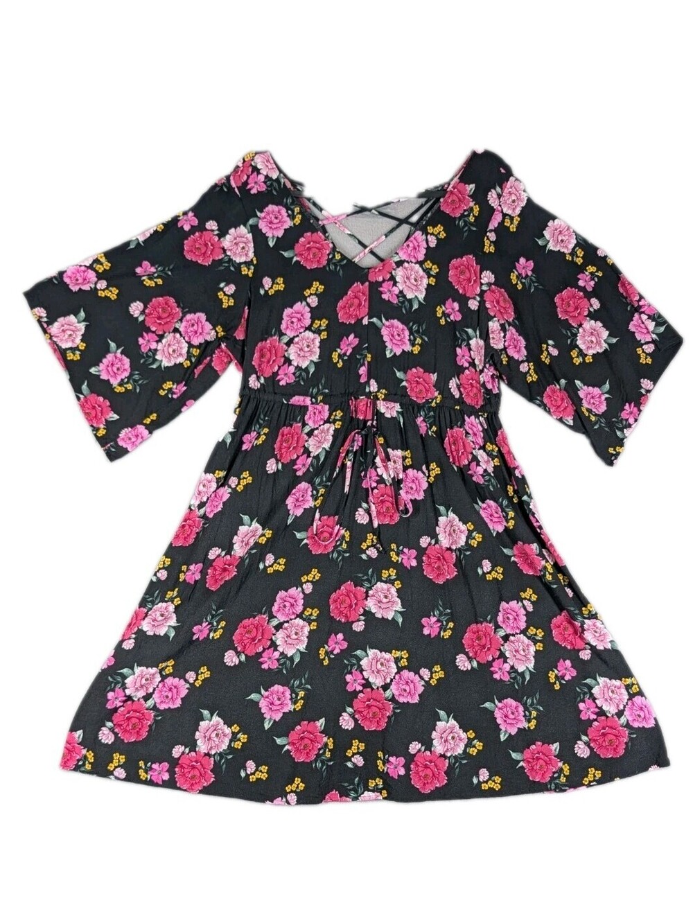 Torrid Womens Size 1 Black Pink Floral Mini Dress Boho Bell Sleeve Rayon Soft